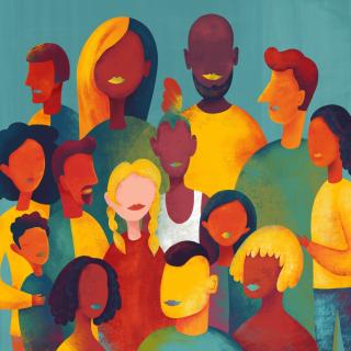 Colorful illustration of many silhouettes of young people of different races, genders, and nationalities on a blue background. 