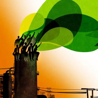 Illustration of a factory smoke stack, with green clouds coming out, and protestors sitting on top of the smokestack. Illustrating protest against pollution