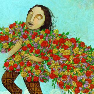 Illustration of figure holding a large bunch of flowers.