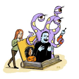 Illustration of a science fiction monster, a vampire, and a young person coming out of a large book with a woman holding the book open