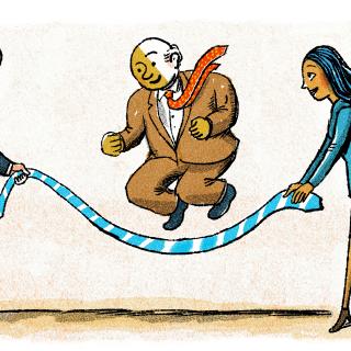 Illustration of office workers jumping rope with tie.