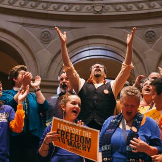 Marriage equality supporters sang as the Minnesota Senate debated.