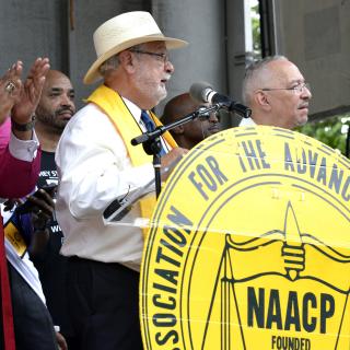 Mass Moral Monday March and rally for voting rights, on the occasion of the start of the federal court's consideration of "North Carolina NAACP v. McCrory" in Winston-Salem, NC with Rev William Barber and Rev Peter Morales, others