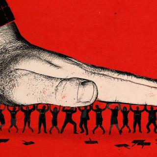 illustration of a group of people, holding up a giant hand that is trying to crush them.