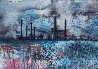 Artistic rendition of pollution caused by fossil fuel industries.