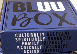 A cardboard box, colored blue, with the words "BLUU Box" on the cover.