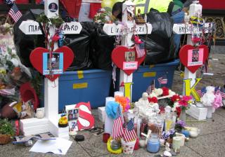 An impromptu shrine on Boylston Street to the victims of the April 15, 2013, Boston Marathon bomb attacks, shortly before the shrine was disassembled and moved to Copley Square on April 23