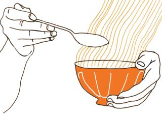 Illustration of hands holding a bowl of soup and a spoon.