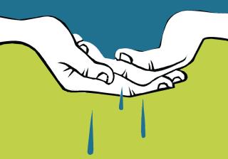 Illustration of two cupped hands and water dripping out of them.
