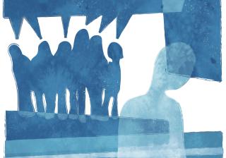 illustration in blue of abstract figure being bullied