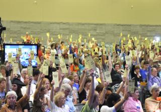Delegates raise their voting cards during a plenary debate at the 2012 General Assembly.