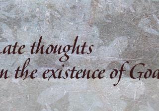background image of leaves frozen in ice, with a poem title of "Late thoughts on the existence of God".