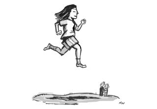 Illustration of a person running, high above the ground, with 2 folks looking on. 