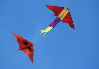 Two red kites against blue sky.