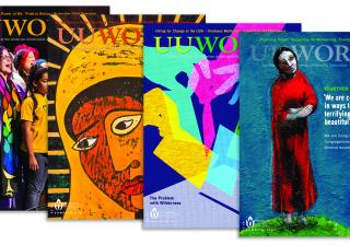 Four UU World magazine covers, overlapping.