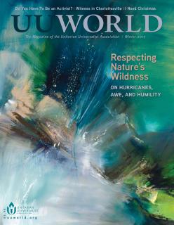 Cover of the Winter 2017 issue of UU World magazine, featuring cover art: Turangalîla 10,  by Dessa (1991). Acrylic on canvas, 89 × 116 centimeters. Private Collection/Bridgeman Images. 