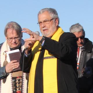 The Rev. Peter Morales, president of the Unitarian Universalist Association, speaks to interfaith clergy who gathered November 3 in support of the Sioux Nation’s protest of the Dakota Access Pipeline.