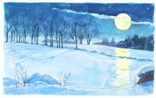 painting of a nighttime winter scent, with snowy field and a full moon rising.