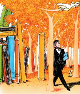 Emerson walking in a forest partly made up of books.