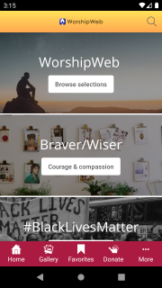 screenshot of the WorshipWeb app, available for iPhone, iPad, and Android.