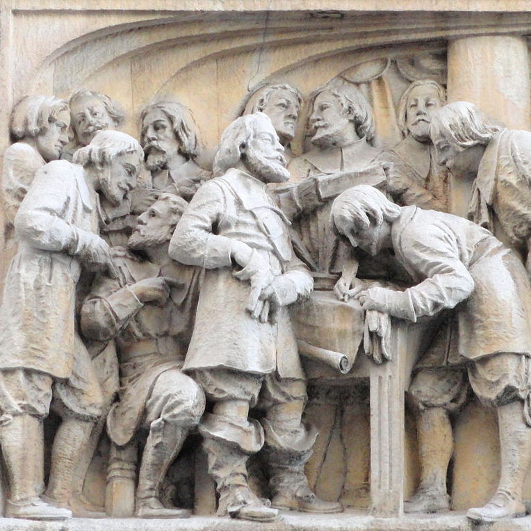 sculpture of 17th-century signers of congregational covenant