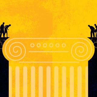 Black and yellow illustration of two groups of people separated by a chasm that is formed by a grecian style column.