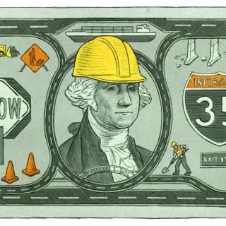 Illustration of a $1 bill with symbols of road work included.