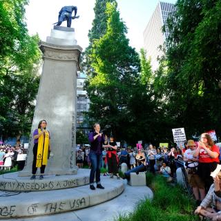 The Rev. Dr. Susan Frederick-Gray, president of the Unitarian Universalist Association, is speaking at a rally in defence of reproductive freedom in downtown Portland, Oregon at Lownsdale Square on behalf of Unitarian Universalists.