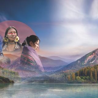 Three indigenous people offset a nature scene