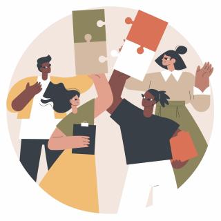 illustration of a variety of people holding giant puzzle pieces