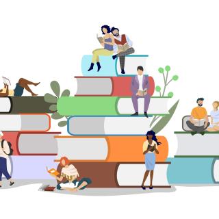 Illustrations of a diverse group of small people reading on or next to giant books