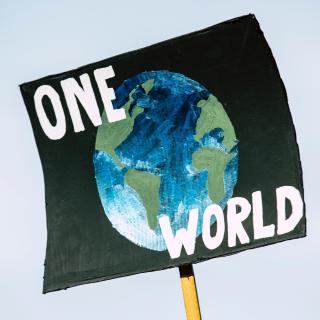 A climate protest sign with an Earth reads "one world"