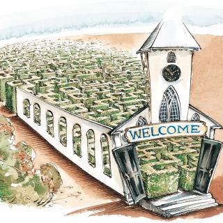 illustration of hedge maze inside the shell of a church