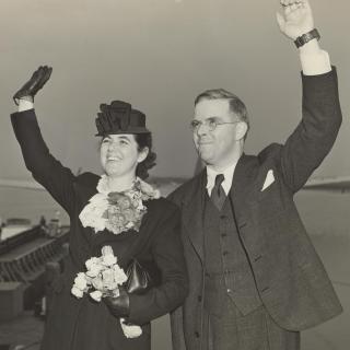 Martha Sharp and the Rev. Waitstill Sharp waving