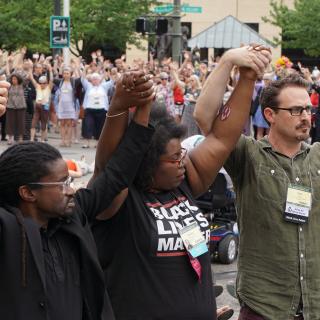 Black Lives Matter activists lead a rally and die-in in Portland, Oregon, June 28, 2015.