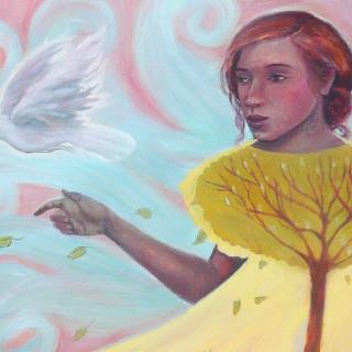 illustration: woman, dove, tree