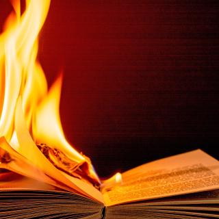 Stock photo of a burning book engulfed in brilliant flames