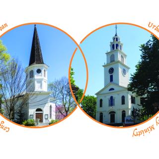 images of 2 old churches set within interlinked circles with the words "Suburban, congregation, urban, community ministry" encircling.