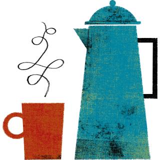 illustration of cup of coffee and coffee pot.