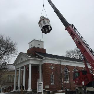 A cupola is installed on First UU Church of Youngstown, Ohio. 