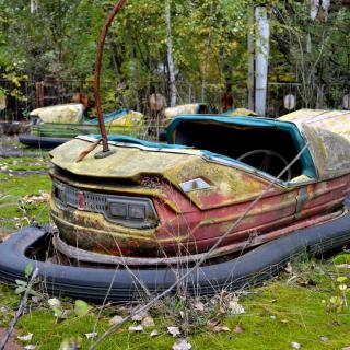 Derelict carnival bumper car in Chernobyl. 