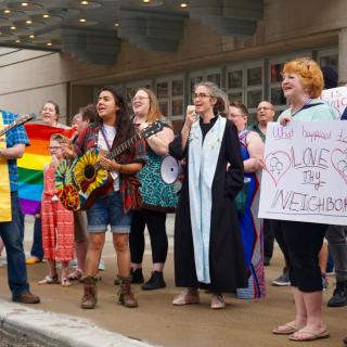 Unitarian Universalists respond to an anti-LGBT group of protesters from Westboro Baptist Church on June 21, 2018.