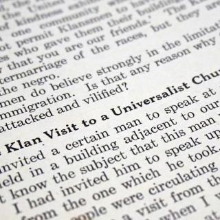 Detail of a page of the Universalist Leader from December 1924 about a Ku Klux Klan speaker at a Universalist church