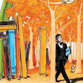 Emerson walking in a forest partly made up of books.