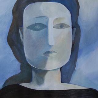 female face on blue background