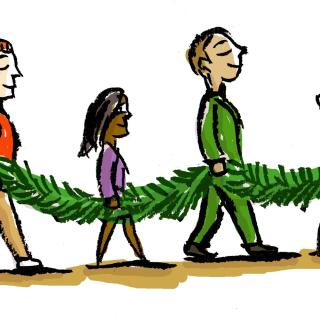 People with evergreen garland