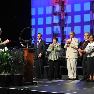 UUA Moderator Jim Key announces the Wake Now Our Vision campaign. Left to right: Jim Key, the Rev. Dr. Lee Barker, the Rev. Meg Riley, the Rev. Dr. William F. Schulz, the Rev. Peter Morales, the Rev. Rosemary Bray McNatt, the Rev. Don Southworth.
