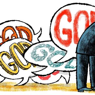 Illustration of speech bubbles all saying "god", with a person hiding his head.