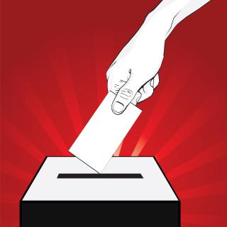 Illustration of a hand placing a ballot in a voting box.