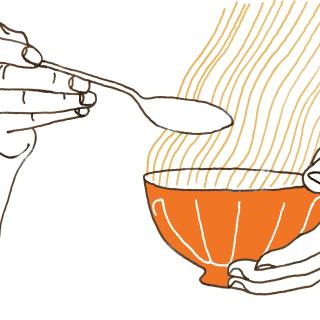 Illustration of hands holding a bowl of soup and a spoon.